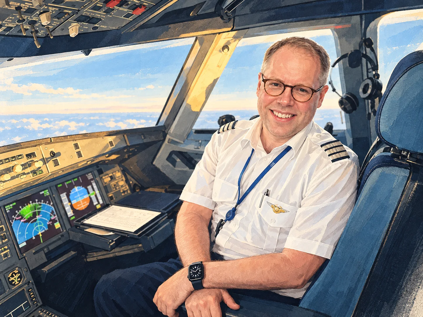 Illustrated portrait of Arthur Haakonsen smiling on the flight deck