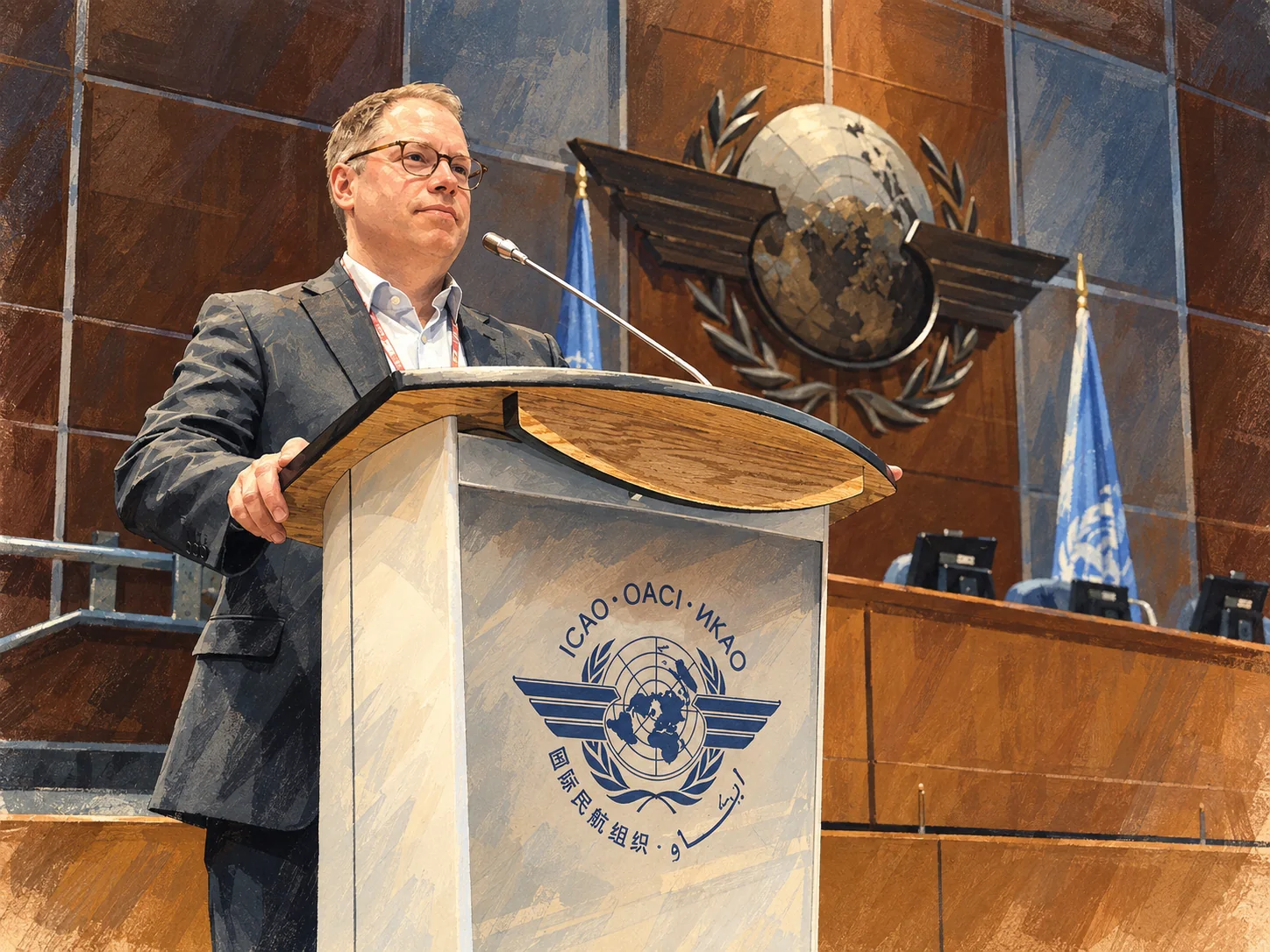 Arthur Haakonsen speaking at an international aviation policy meeting at ICAO