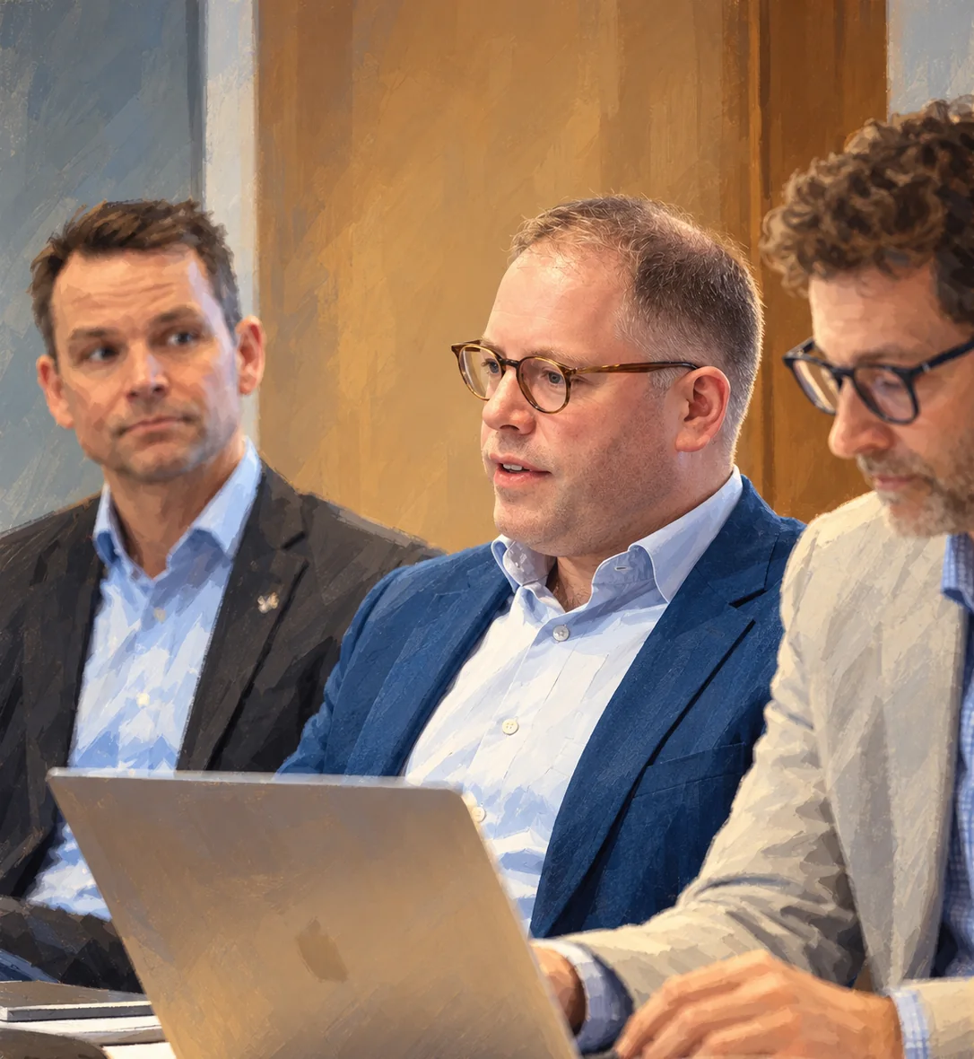 Illustrated professional meeting with Arthur Haakonsen seated between colleagues